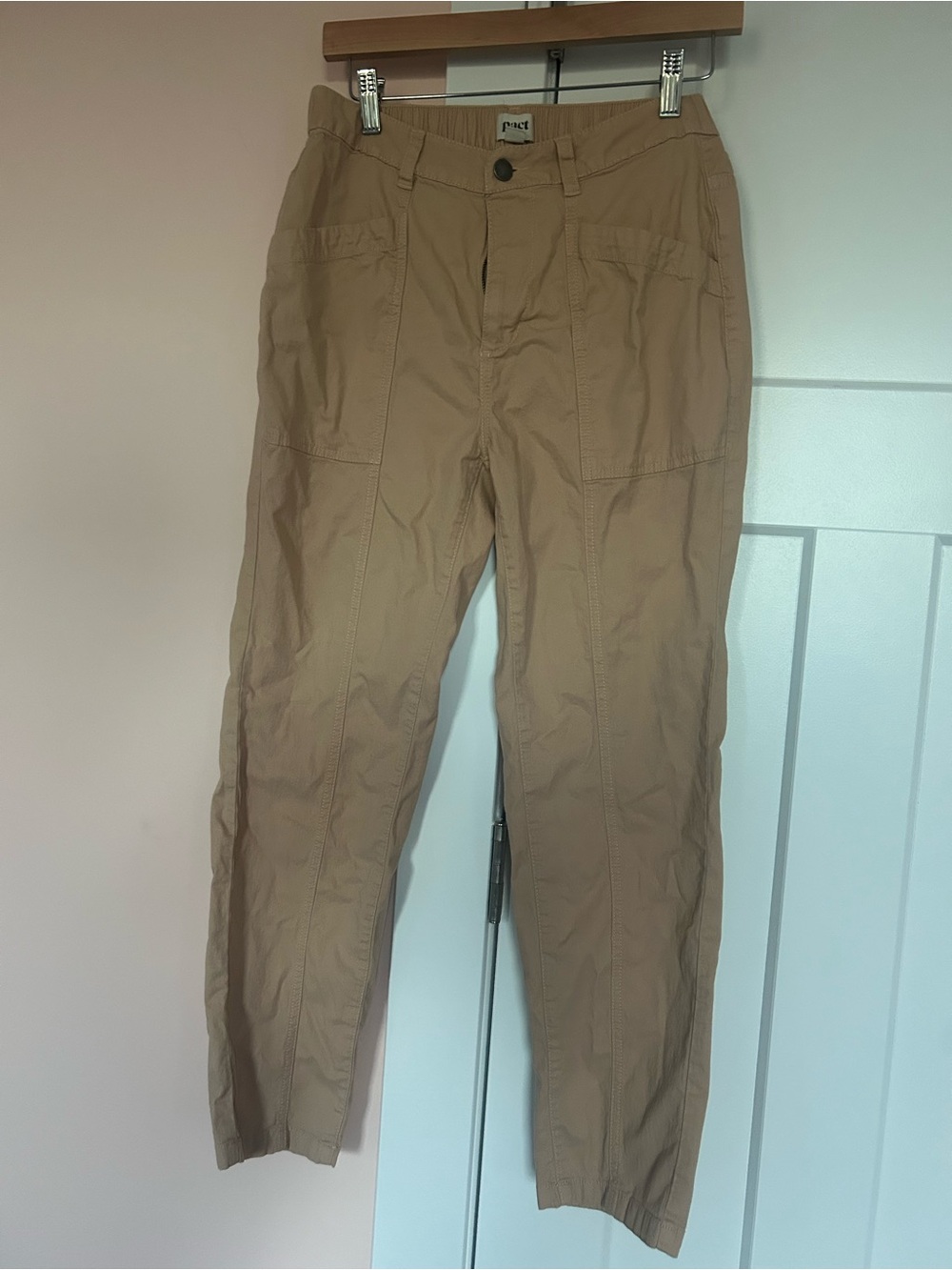 Pact women's utility chino pants in a tan/khaki shade